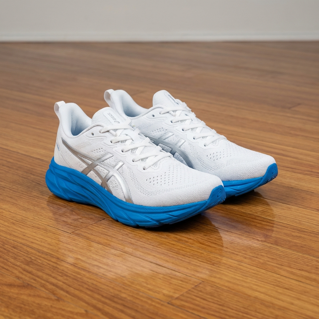 White running shoes with blue soles